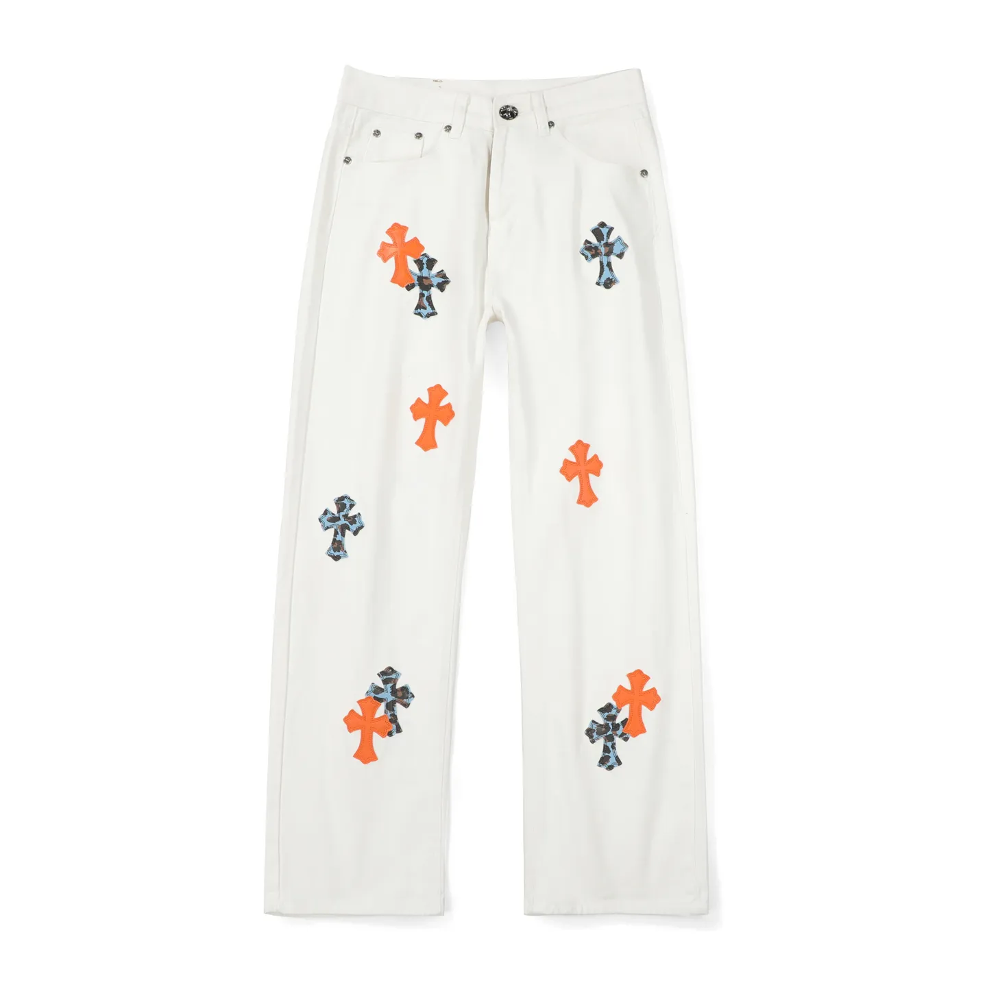 P250 Chrome Hearts｜Chrome Hearts 2025 New Orange Blue Leopard Print Cross Patch Leather Couple Style Washed Loose Jeans. Styles with different wash textures are very friendly to people with thin legs and thick legs. The straight and loose version is very flattering to the leg shape. The moderate length will never go out of style. It is easy to match casually. It is the basic styling foundation for various styles. It is a must-have in the wardrobe! The fabric is stiff but also makes the upper body soft without losing texture. The washing process is even more perfect. It is a must-have item for everyone! ! ! Color: white Size: 28/30/32/34 Waist: 71/76/81/86 Pants length: 98/100/102/104